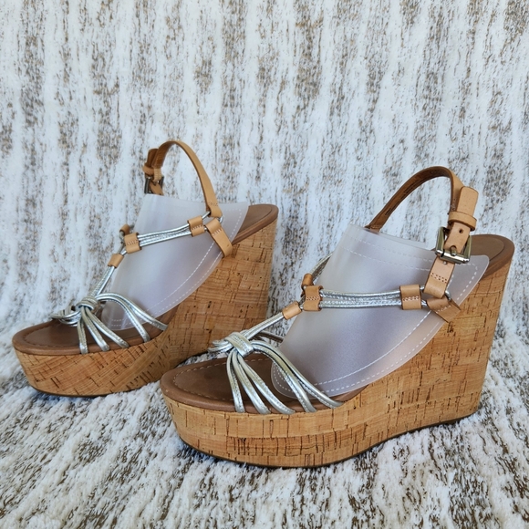 Coach "Georgiana" Platform Wedge Sandal Metallic Silver Tan | Women's Size 9.5B - Picture 2 of 11